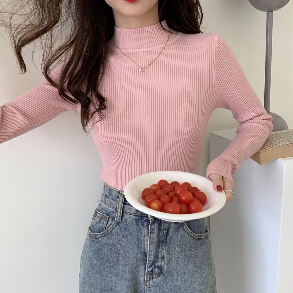 Áo Dệt Kim Mỏng Cổ Cao Tay Dài Màu Trơn Thời Trang Thu Đông Hàn Quốc Mới