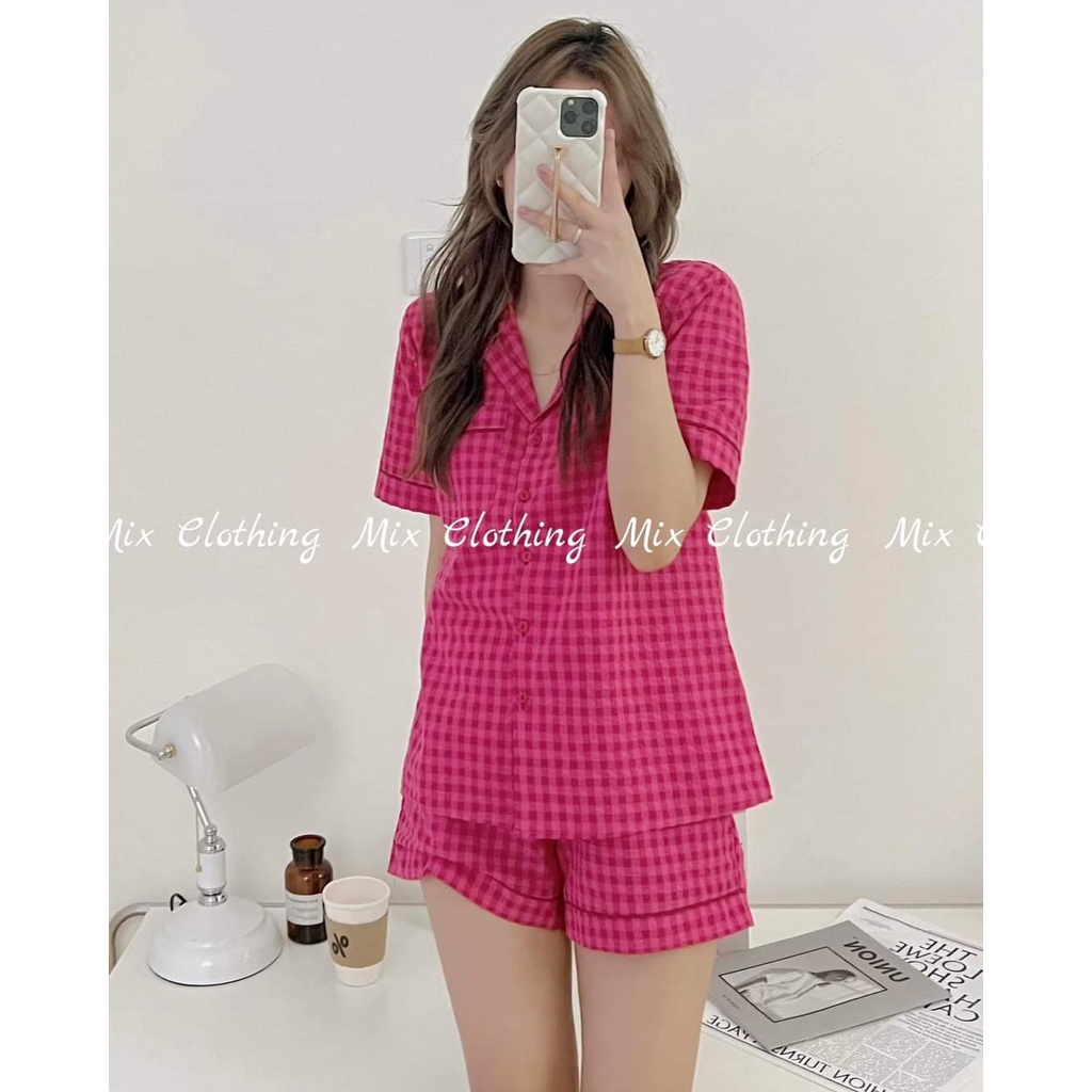 Bộ Đồ Pijama Nữ Tiểu Thư Tay Ngắn Quần Đùi Chất Đũi Xốp Họa Tiểt Kẻ Caro Cao Cấp Có Size,Đồ Ngủ Nữ Mặc Nhà Giá Rẻ