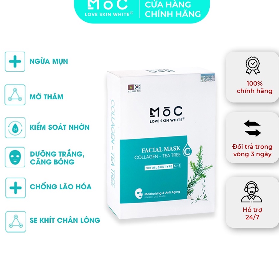 Mặt nạ cấp ẩm tràm trà Facial Mask Collagen Tea Tree Mộc Love Skin White hộp 10 miếng