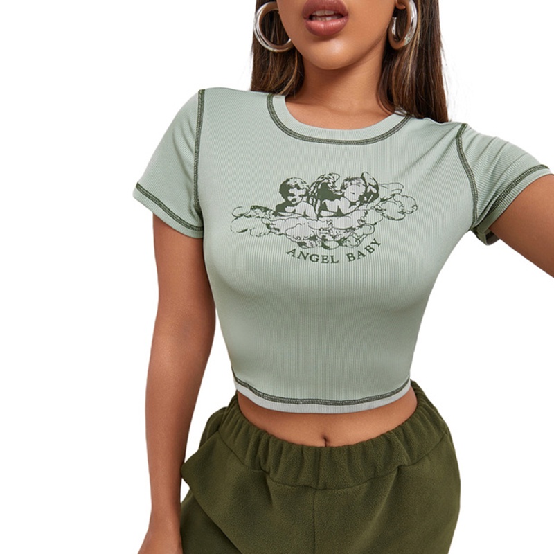 Áo Croptop Tay Ngắn Cổ Tròn Hoạ Tiết Thiên Thần In Thời Trang Mùa Hè Năng Động