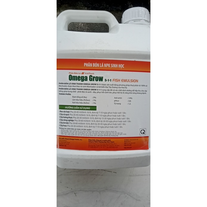 ĐẠM CÁ OMEGAGROW 5-1-1 giúp đâm chồi, phát rễ, phát đọt, lá xanh, dày lá,cây mập trái lớn. thể tích 5 lít