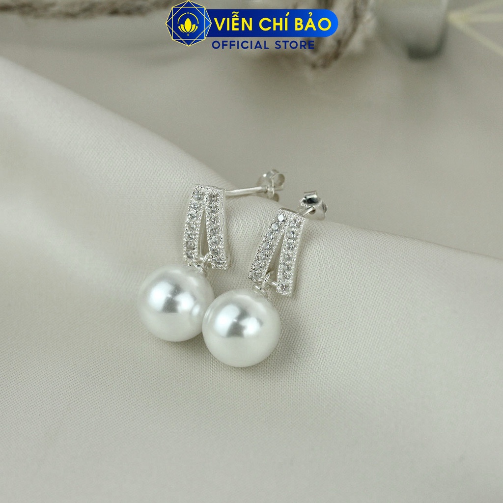 Bông tai bạc nữ Trái châu viền đá lấp lánh chất liệu bạc 925 thời trang phụ kiện trang sức nữ Viễn Chí Bảo B400021