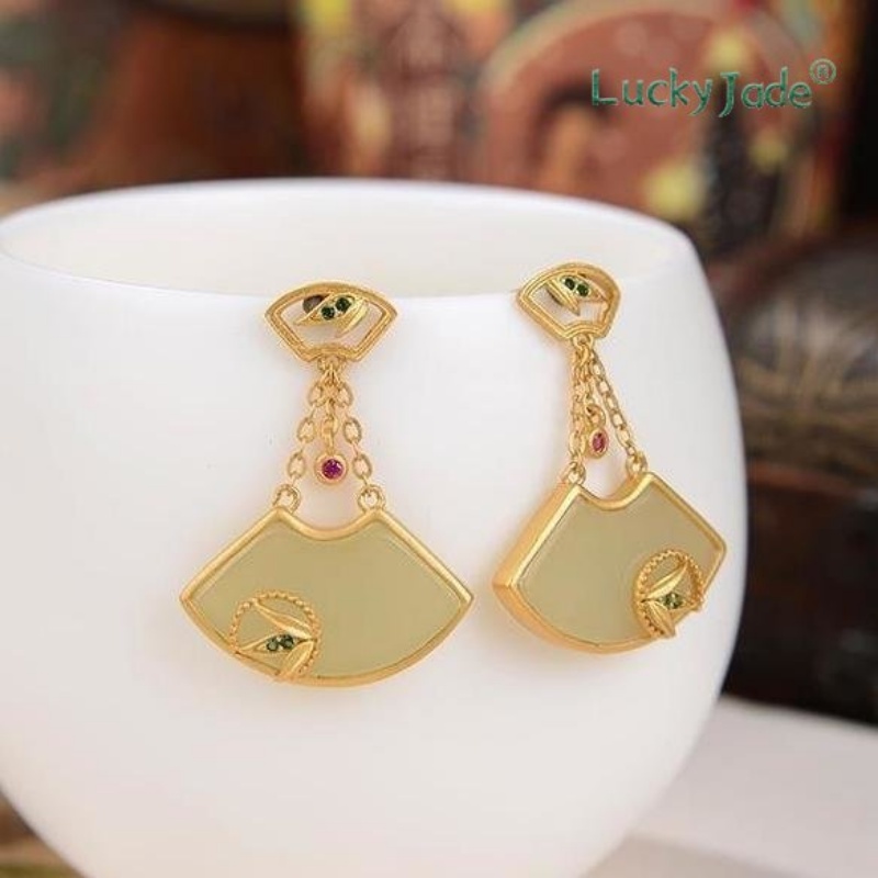 Bông Tai Mạ Vàng 925 Đính Đá Ngọc Bích Trắng 18K Sang Trọng