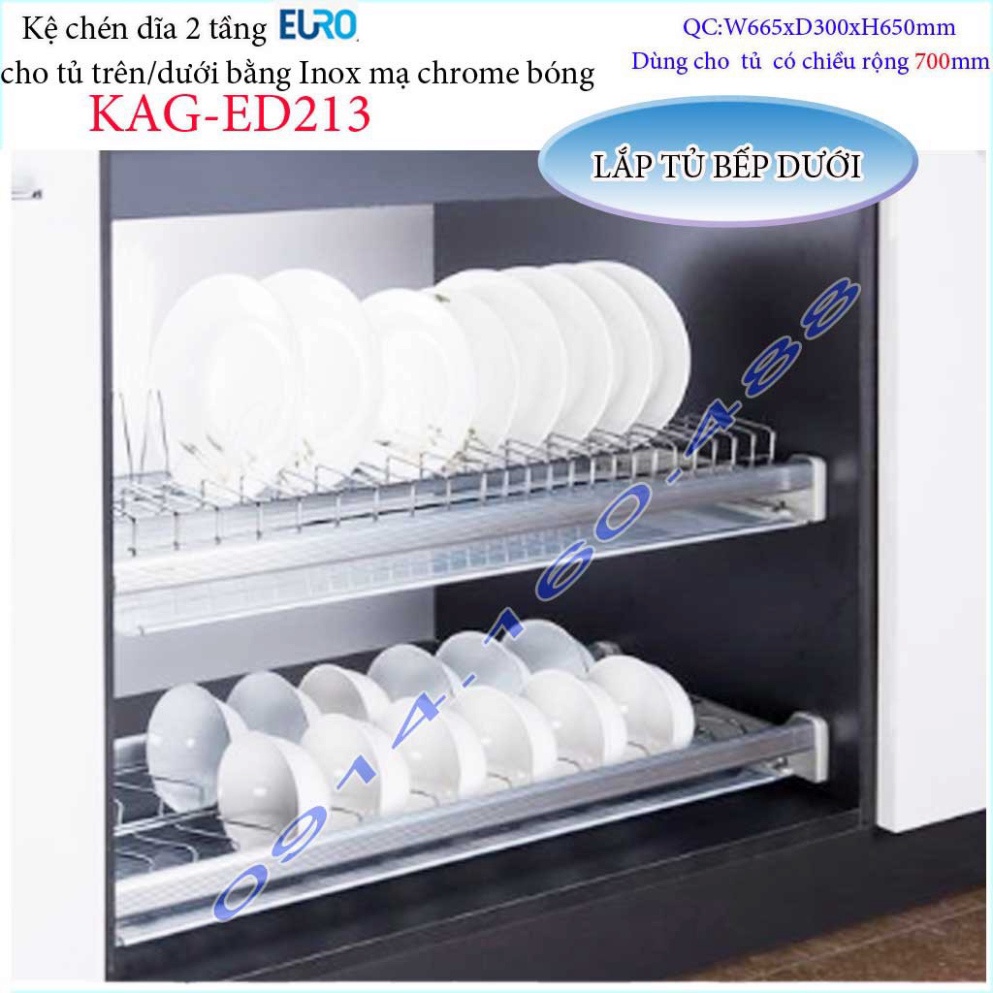 Kệ chén dĩa âm tủ KAG-ED213-70cm, Kệ chén bát 2 tầng Euro bát cố định cao cấp siêu bền