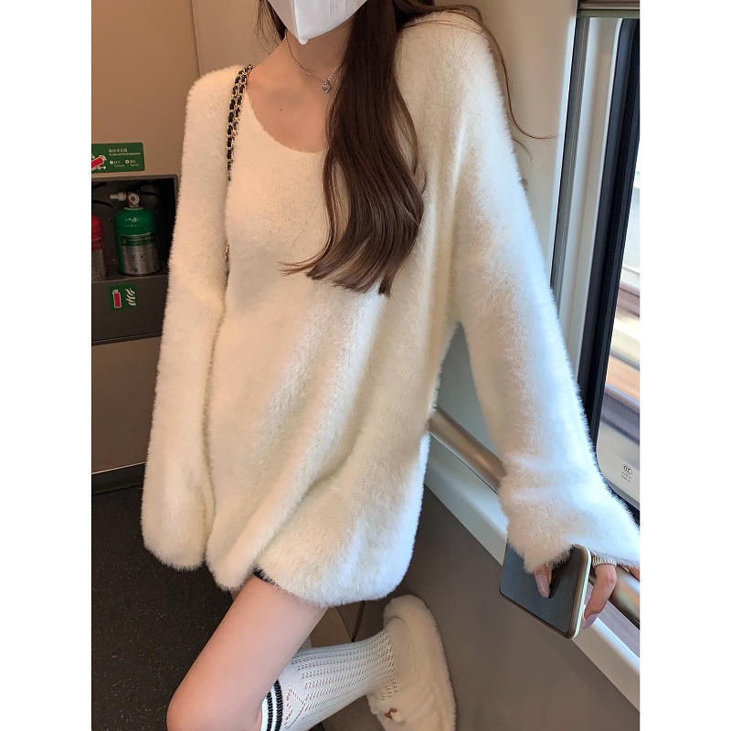 QKOOLE  Áo Dệt Kim Tay Dài Dáng Rộng Cổ Chữ V Màu Trơn Phong Cách Hàn Quốc Cho Nữ