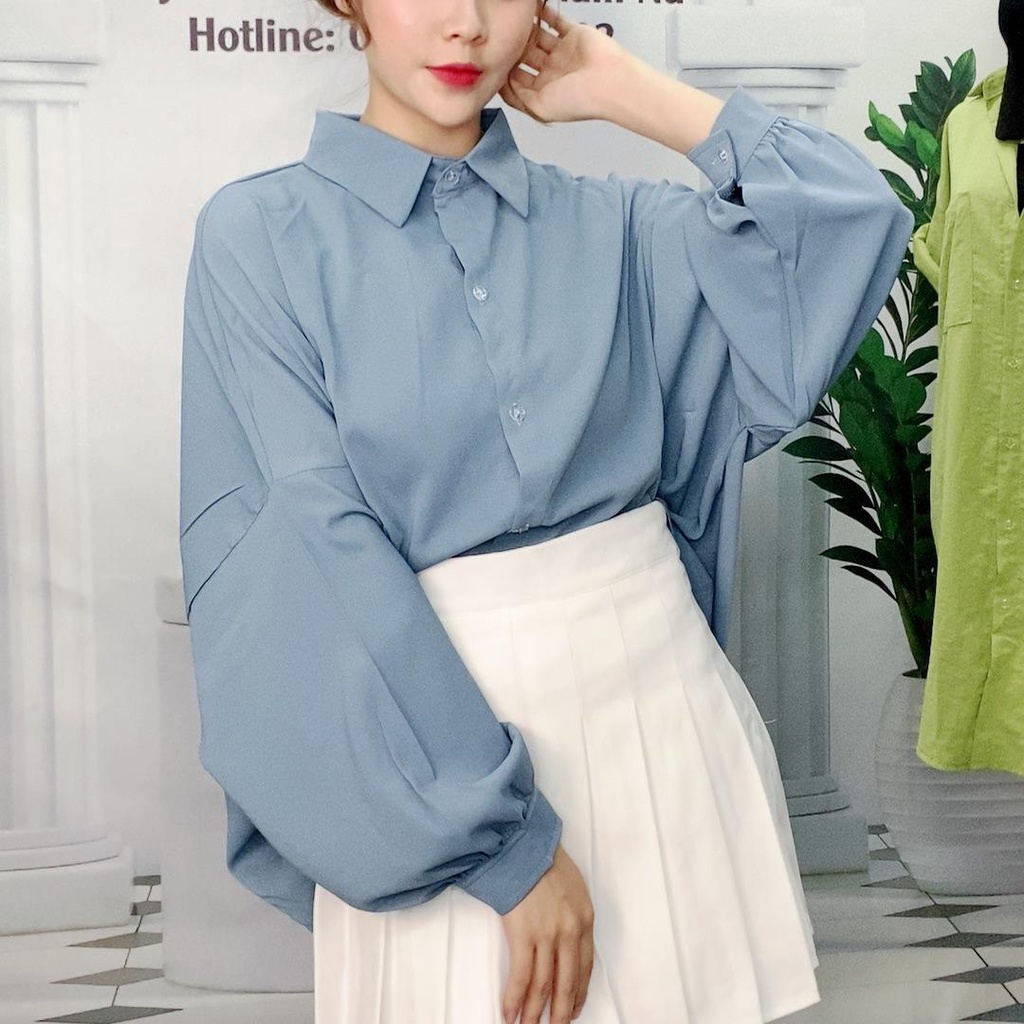 Áo sơ mi lụa cổ đức tay bồng dáng dài cách điệu phong cách đơn giản siêu Hot lavusa