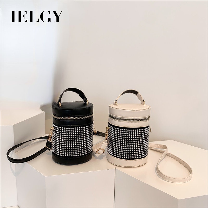 Túi xách đeo vai Ielgy hình trụ đính kim cương phong cách nước ngoài thiết kế nhỏ gọn đơn giản cho nữ