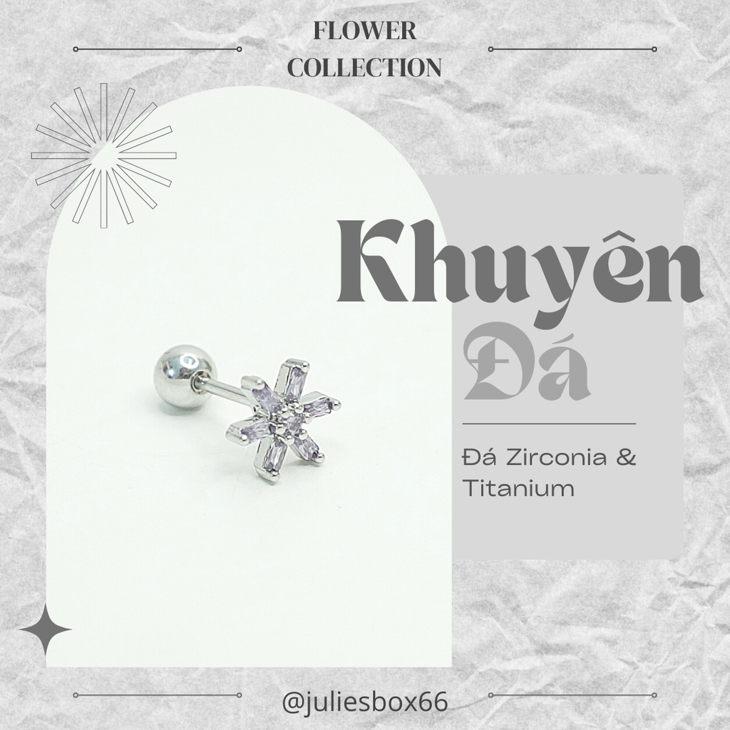 [1 Chiếc] Khuyên Tai Titan Hoa 6 Cánh Đá Tím Unisex Màu Bạc Đuôi Bi Không Gỉ Sét Không Ngứa Bông Tai Julies Box 66