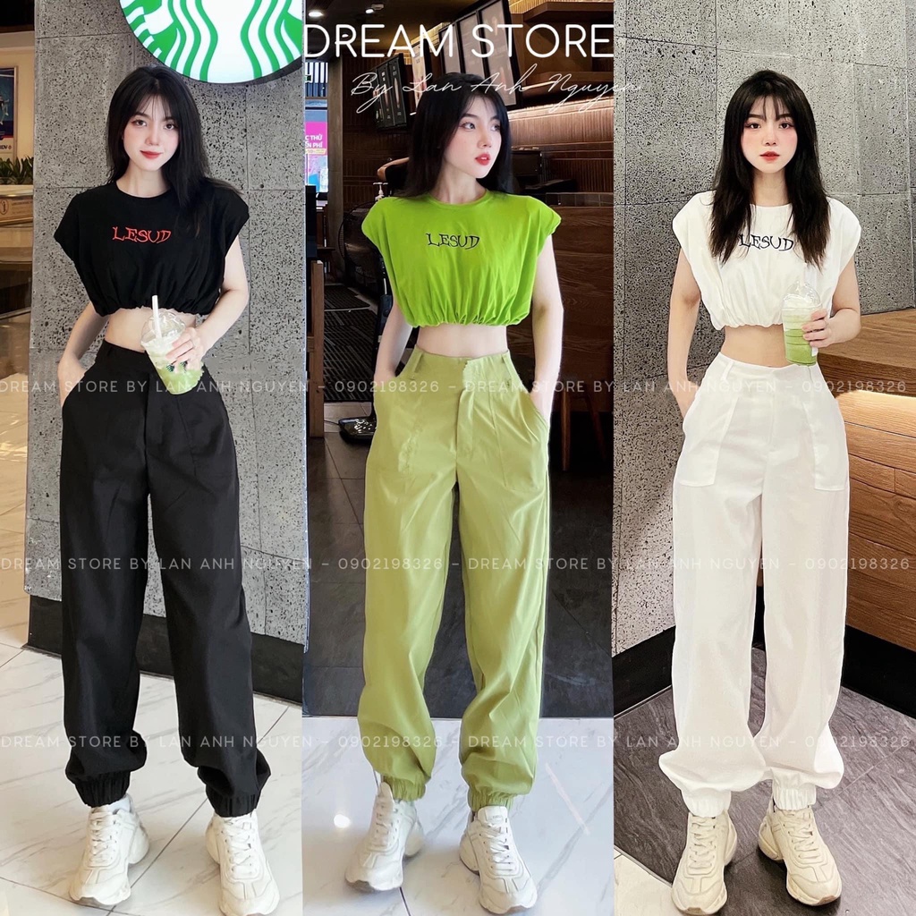 Set đồ nữ (có bán lẻ) Áo thun croptop 2 lớp kèm Quần jogger bo gấu năng động, hàng Loan Rose (Lesud)