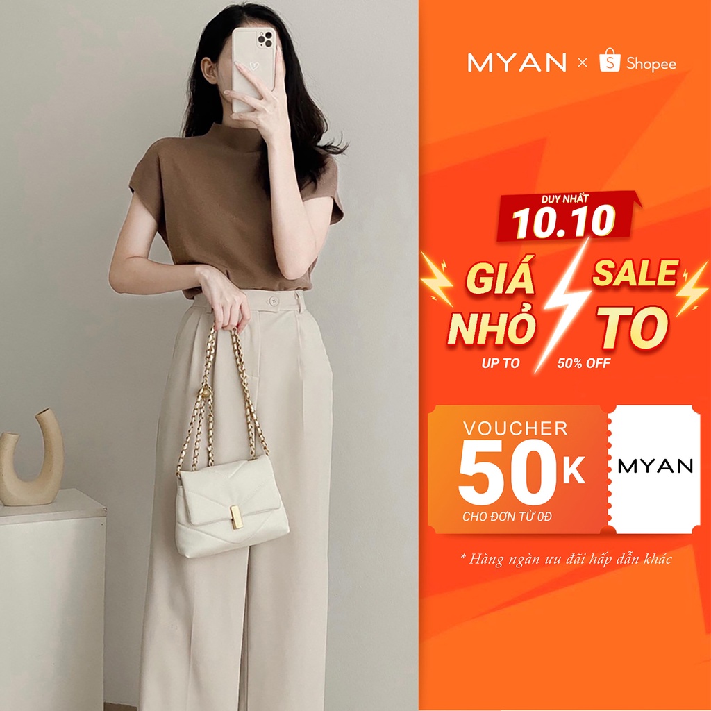 Quần Ống Rộng Basic Nữ- Quần Dài Suông Cạp Cao Lưng Chun 2 Cúc (Be, Nâu, Đen) MYAN - Q092106 (4m-8503)