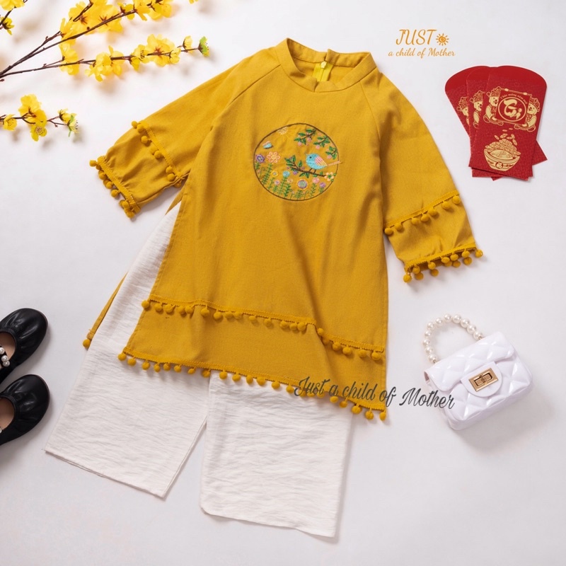 Áo Dài Tết cho bé gái. Chất Vải linen thêu hoa nổi xinh xắn, full Size 9-40kg