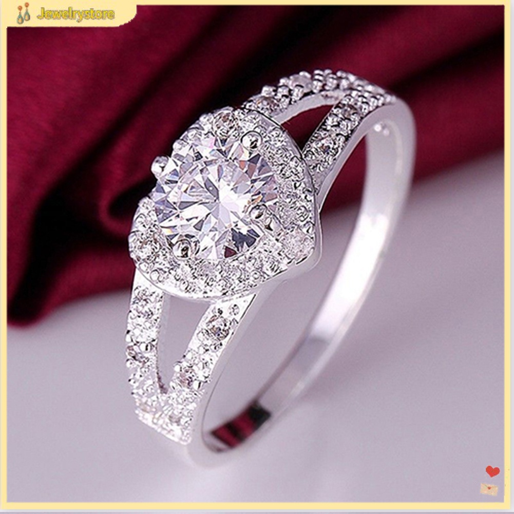 {jewelrystore} Nhẫn mạ bạc 925 mặt hình trái tim đính đá dễ thương