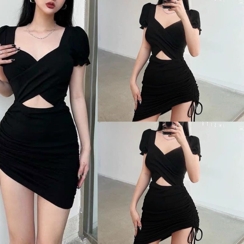 Đầm Cổ Vuông Đắp Chéo Ngực - Tay Ngắn Khoét Hở Bụng - Dáng Ngắn Rút Dây Một Bên Hông Form Ôm Body Sexy - Thun Gân Tăm