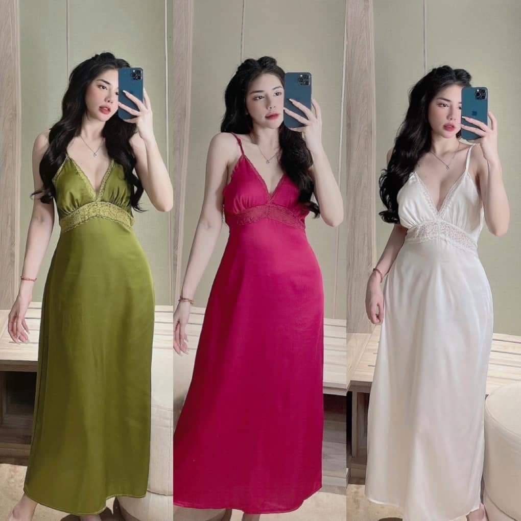 Đầm ngủ 2 dây sexy dáng dài, hàng thiết kế , chất liệu lụa cao cấp