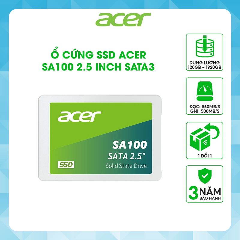 Ổ cứng SSD Laptop/PC Acer SA100 SATA 3 3D NAND 2.5inch tốc độ đến 561MB/s 120GB/240GB/480GB - Hàng Chính Hãng