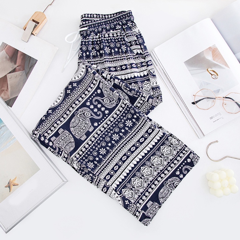 Quần Palazzo Ống Rộng Lưng Thun Rút Dây In Họa Tiết Voi Phong Cách Bohemian Dành Cho Nữ