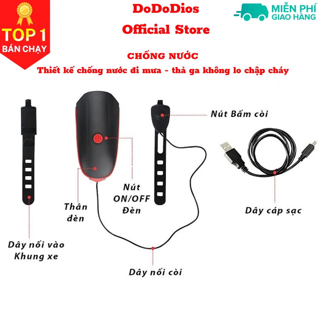 Đèn xe đạp thể thao DoDoDios siêu sáng có còi pin sạc usb led T6 chống nước - Đèn còi xe đạp có 3 chế độ sáng còi to