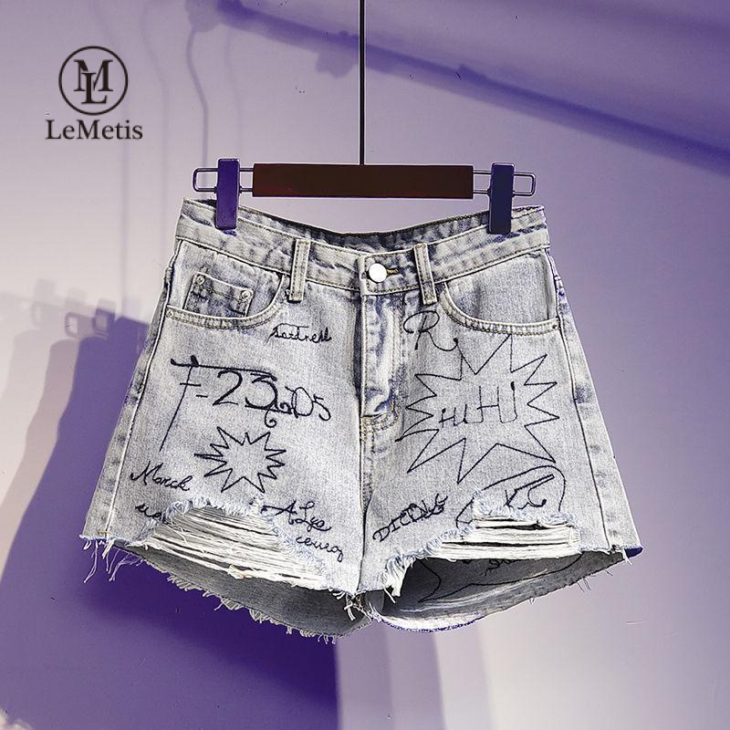 LeMetis Quần Short Jean Lưng Cao Thêu Hoa