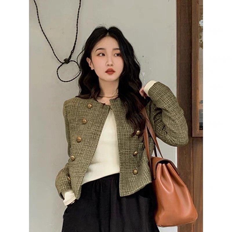 Áo khoác dạ tweed khuy đồng dáng ngắn dài tay hàng Quảng Châu
