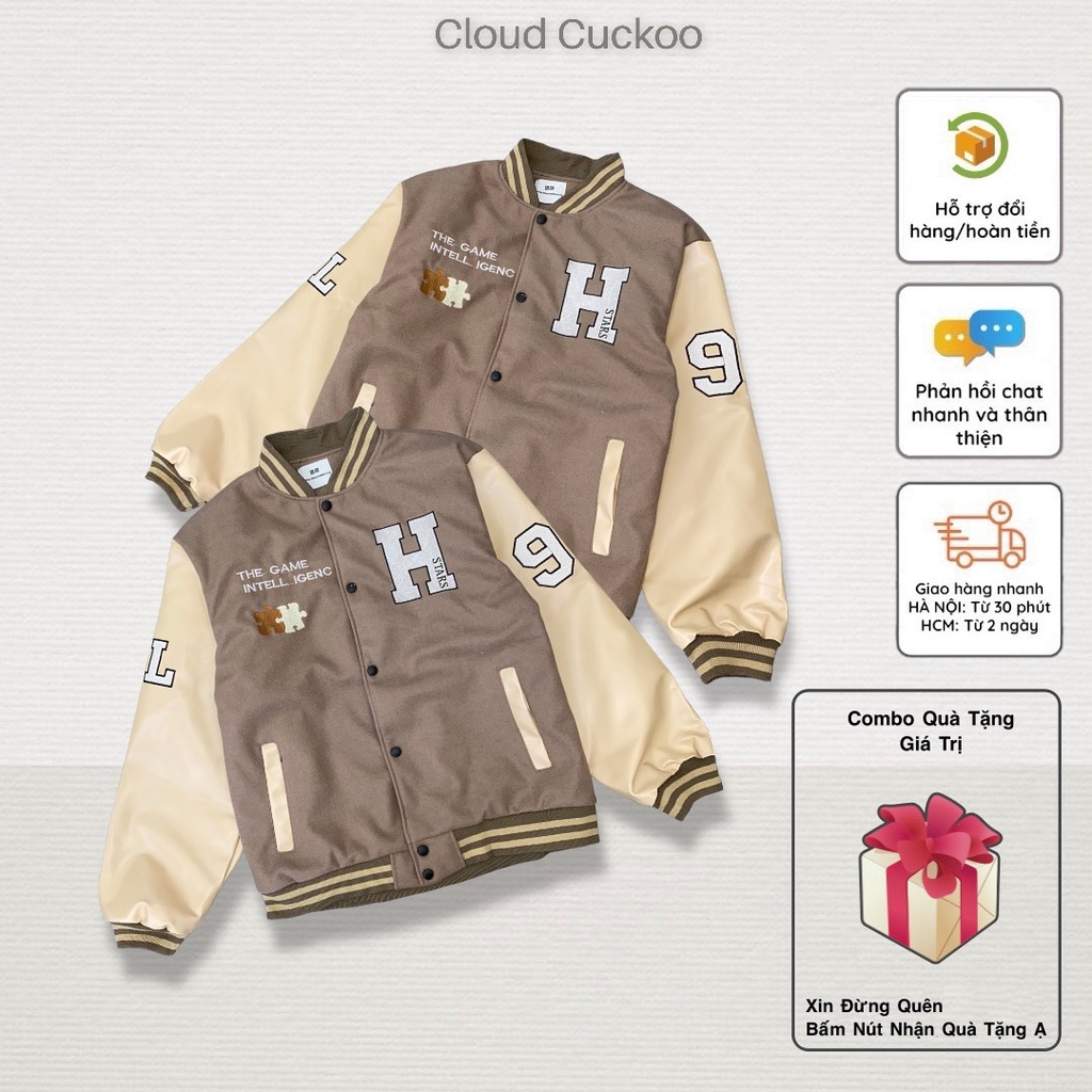 Áo Khoác Varsity Jacket Thêu Chữ H Tay Bằng Da Pu Thân Áo Bằng Dạ Cao Cấp - Mã Số: D2111