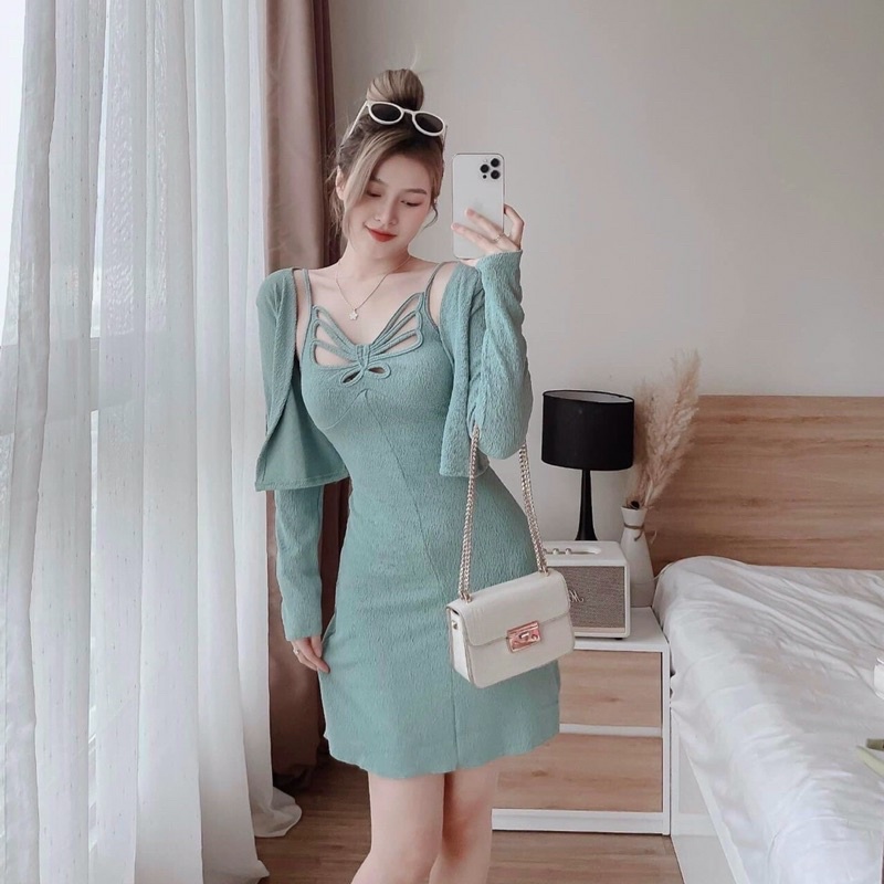 Set đầm dây + khoác tay dài