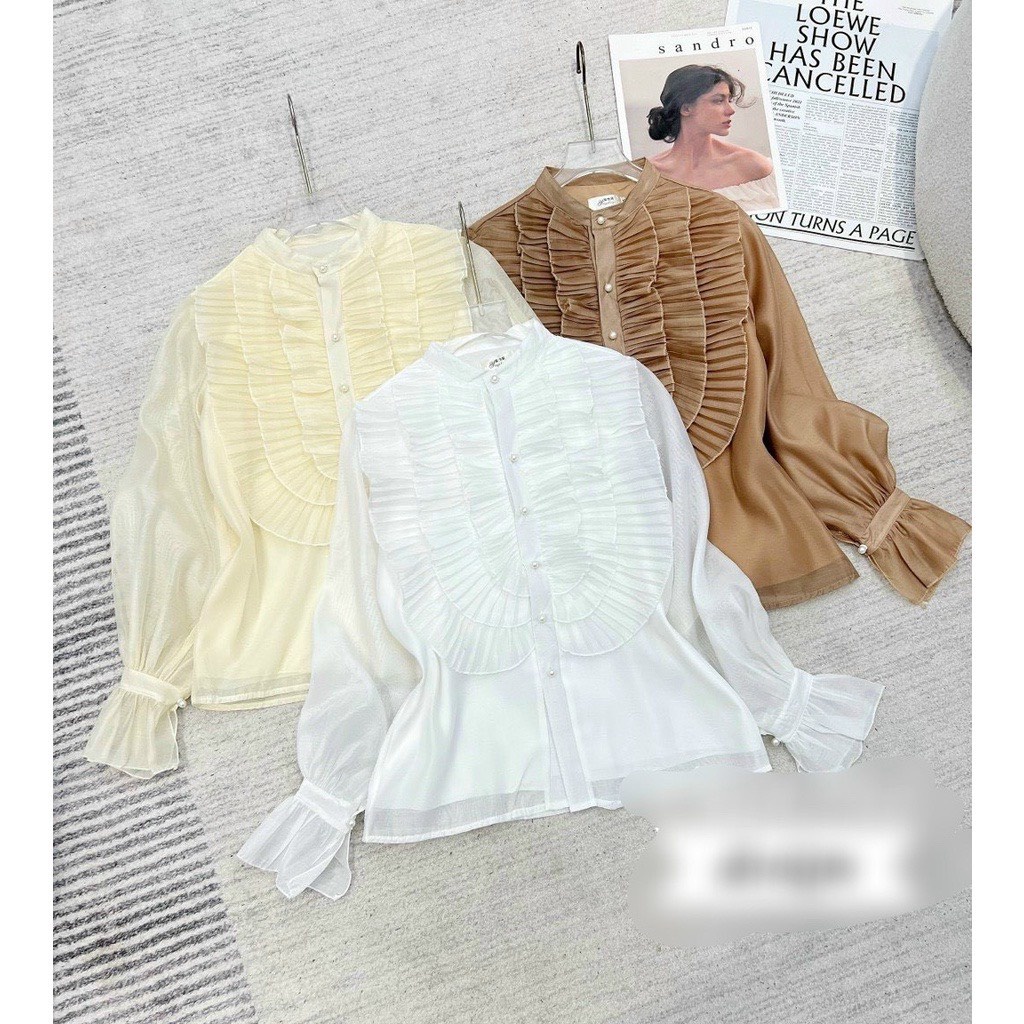 Áo sơ mi nữ tiểu thư cổ tàu phối nhún bào hàng đẹp A358 SUTANO