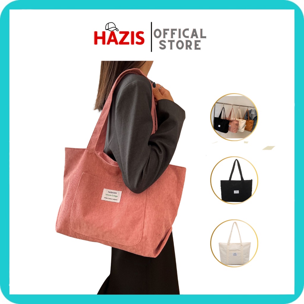 Túi tote đeo vai nhung tăm có khóa miệng, túi nhiều màu sắc, phong cách Hàn Quốc - Hazis Store