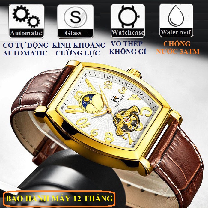 Đồng hồ cơ tự động nam AOKULASIC Automatic dây da cao cấp - Kim dạ quang - Thiết kế mặt chữ nhật lộ máy cá tính AOK5002G