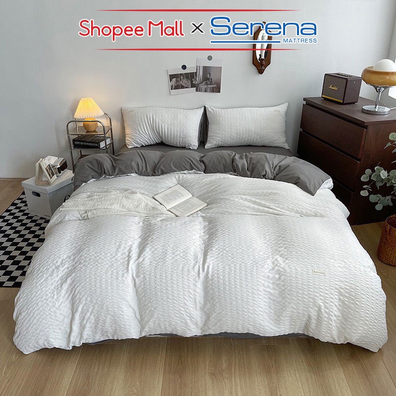 Bộ Ga Nệm Cao Cấp 5 Món Tici Kẻ Sọc SERENA MATTRESS Chuẩn Khách Sạn Chăn Ga Ra Gối Đệm Niệm Drap Grap Giường Chính Hãng