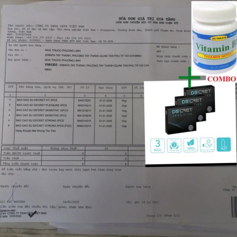 Combo Vitamin B1 chai 100 viên+ Bao cao su DS'CRET hàng chính chãng