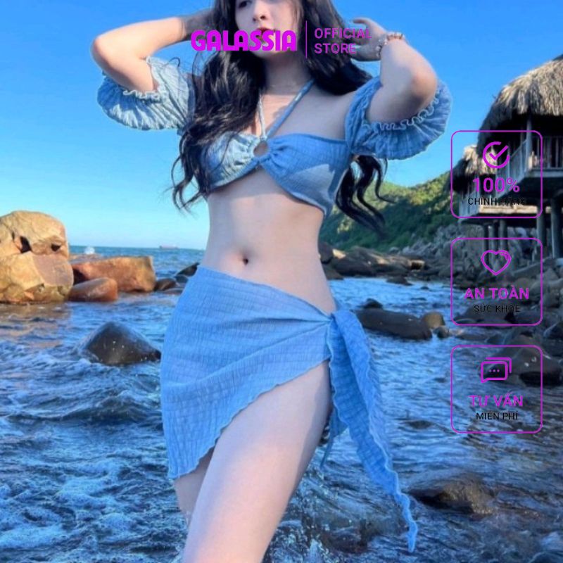 Bikini set đồ bơi 3 mảnh phối khoen thun nhún vải xốp sexy sang chãnh đi du lịch Galassia