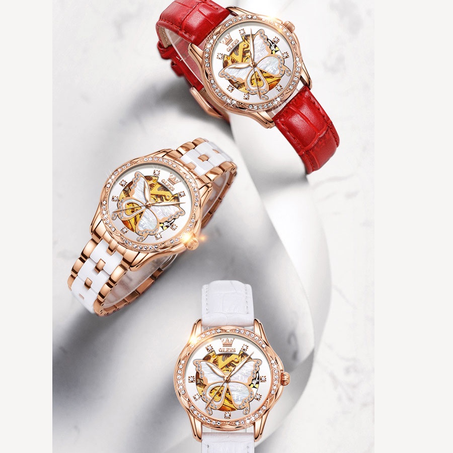 Đồng hồ nữ Olevs máy cơ size 35mm,dây đeo da cao cấp,chống nước 30m
