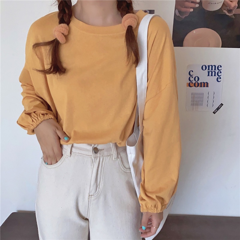 NRVP Áo Thun Nữ Dài Tay Dáng Rộng Màu Trơn Phong Cách Hàn Quốc Mới