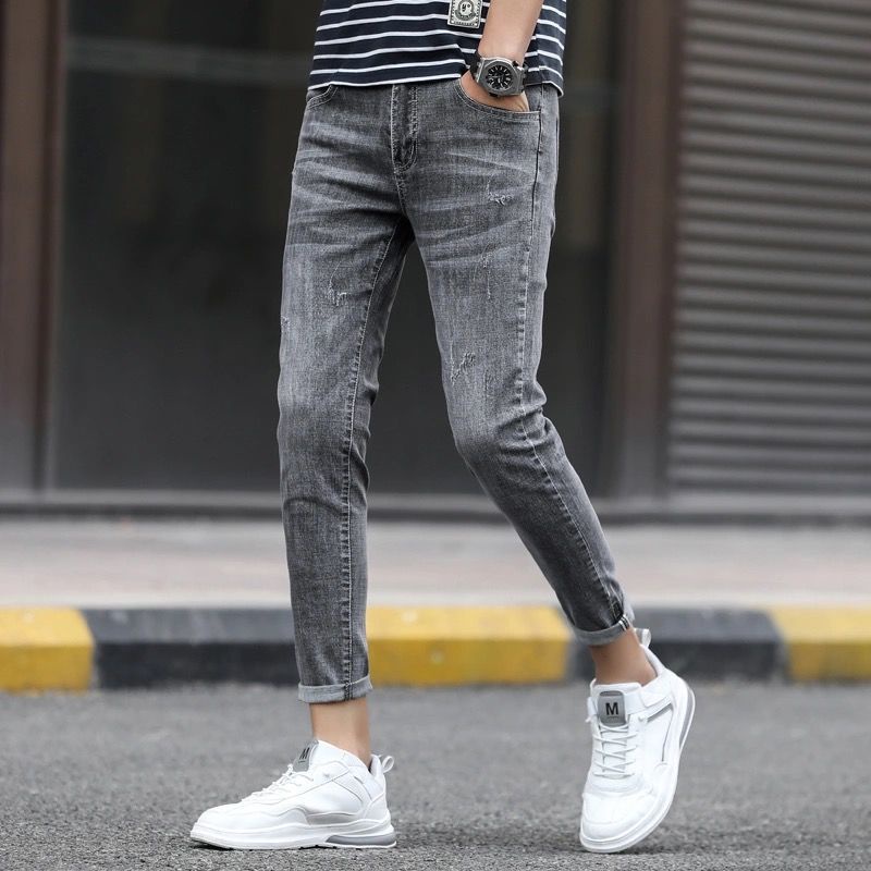 Quần Jean Rách Màu Đen Dáng Ôm Co Giãn Phong Cách Hàn Quốc Cho Thanh Thiếu Niên