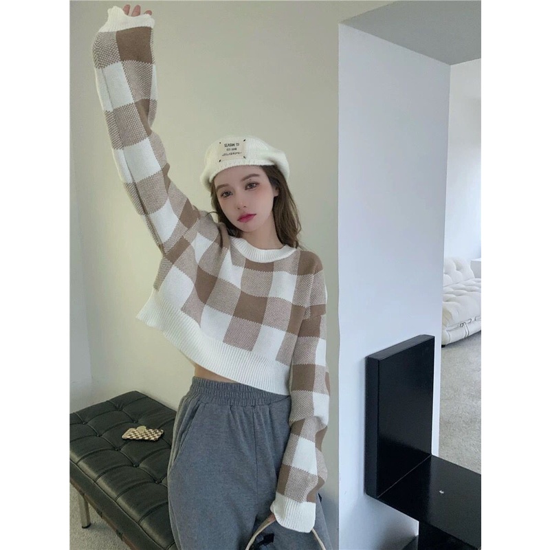Áo Sweater Dáng Rộng Ngắn Kẻ Caro Thời Trang Mùa Thu Hàn Quốc Cho Nữ
