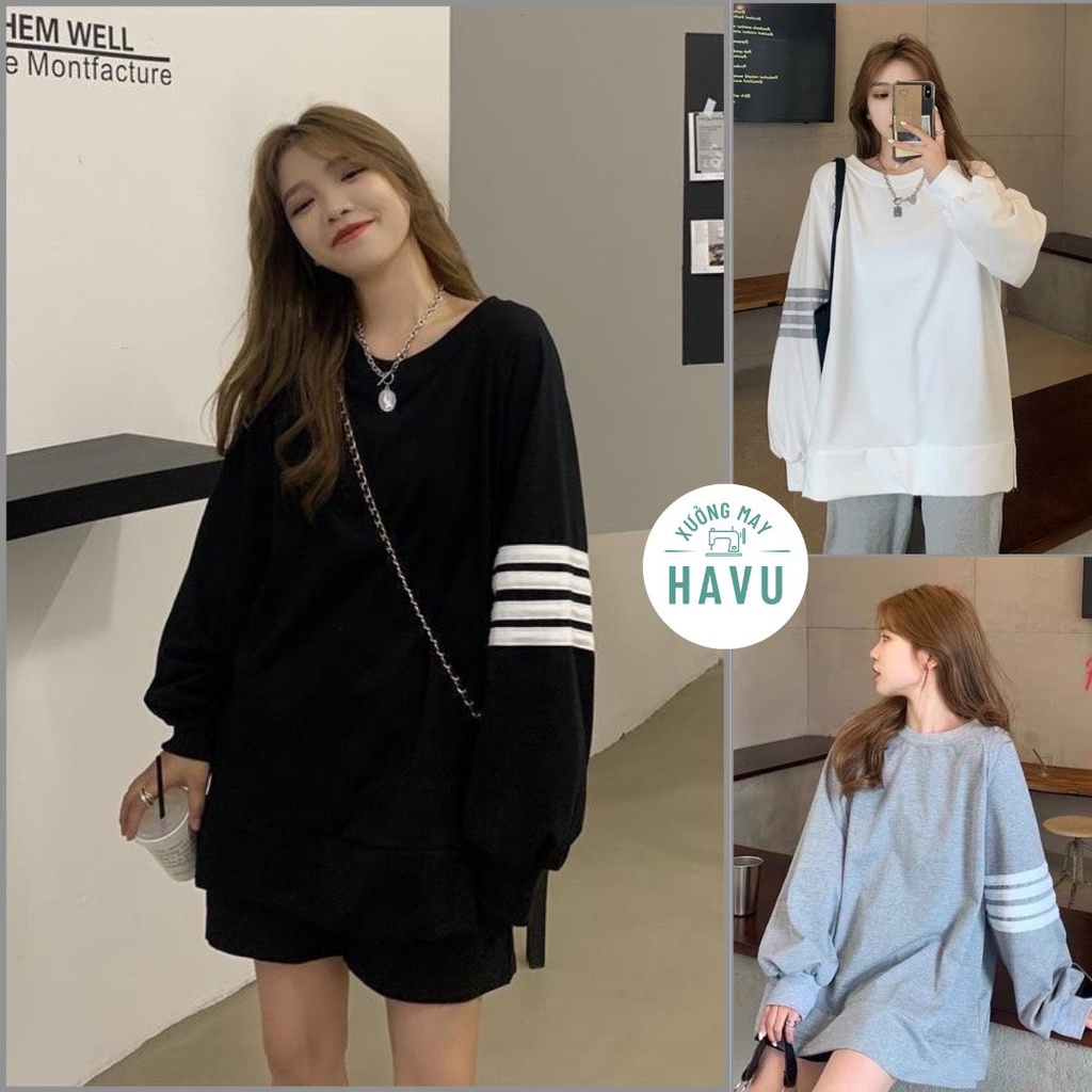 Áo thun nữ 4 vạch kẻ ngang tay phồng - Phông sweater form rộng kiểu dáng thể thao màu ĐEN | TRẮNG | XÁM ulzzang