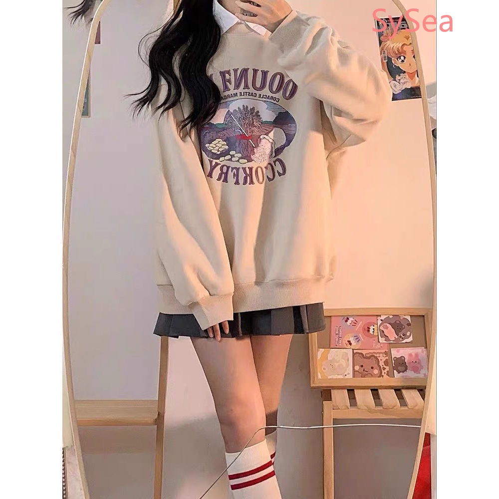 Bộ Áo Hoodie In Họa Tiết + Chân Váy Xếp Ly Lưng Cao Xinh Xắn Theo Phong Cách Mùa Thu Hàn Quốc Dành