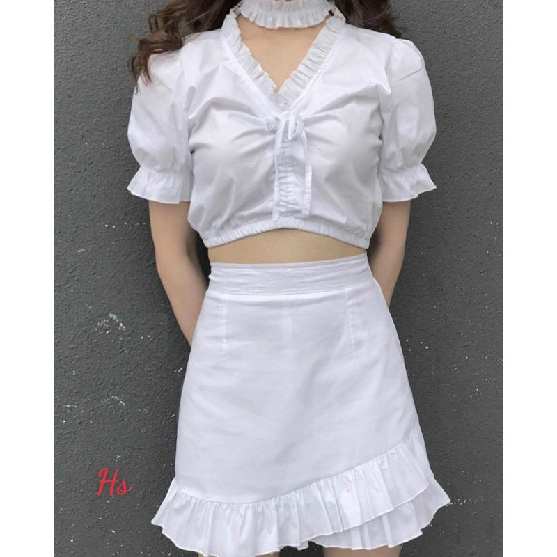 SV008 Set áo croptop nhún ngực băng đô Bộ áo cộc tay bồng dây rút ren bánh bèo công chúa tiểu thư