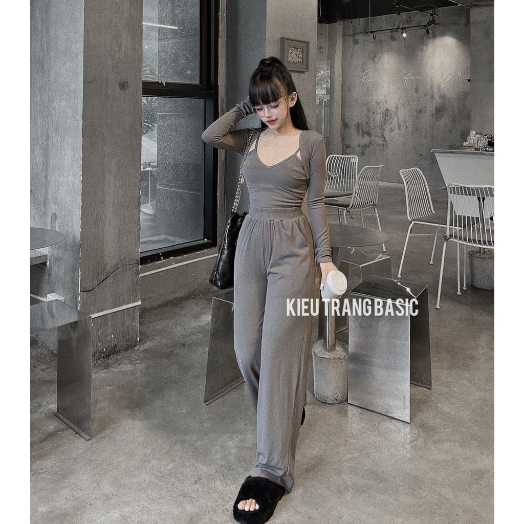 Set Bộ Đồ Nữ Set 3 Món Áo 2 Dây Nhún Ngực Kèm Áo Khoác Ngoài Mix Quần Suông Cạp Chun Freesize