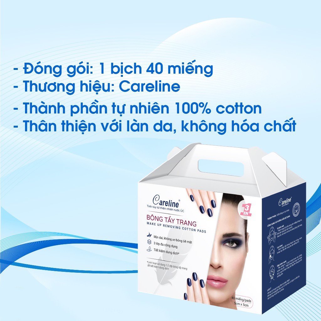 Bông Tẩy Trang CARELINE Cotton Mịn Dai, An Toàn Cho Da 40 Miếng