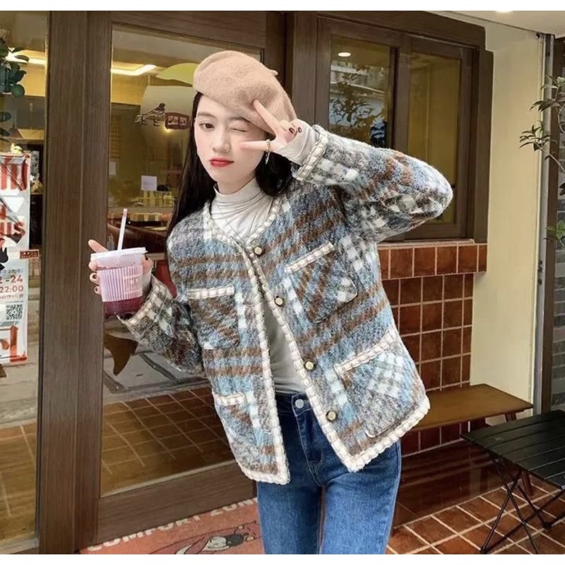 áo khoác tweed lông thỏ mềm mại cổ tròn siêu sang chảnh