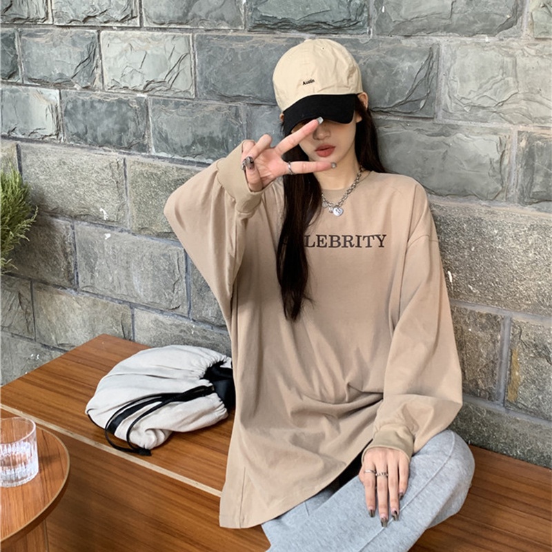 IELGY Áo Thun Tay Dài Dáng Rộng In Chữ Thời Trang Cho Nữ