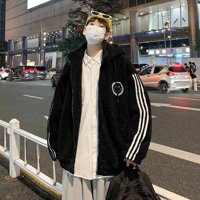 Áo khoác lông cừu AOKANG chất cotton phối nhung dày dáng rộng in hình mặt cười thời trang mùa đông cho nam