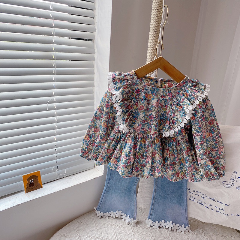 Bộ Áo Hoa + Quần Denim Ống Loe Thời Trang Mùa Thu Hàn Quốc Dành Cho Bé Gái