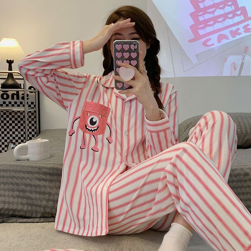 Bộ Đồ Ngủ Tay Dài Kẻ Sọc In Hoạt Hình Mắt To Thời Trang Xuân Thu Cho Nữ