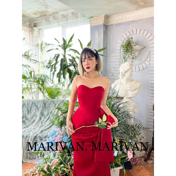 Đầm cưới MARIVAN đuôi cá xẻ phối vây 2in1 đỏ thắm
