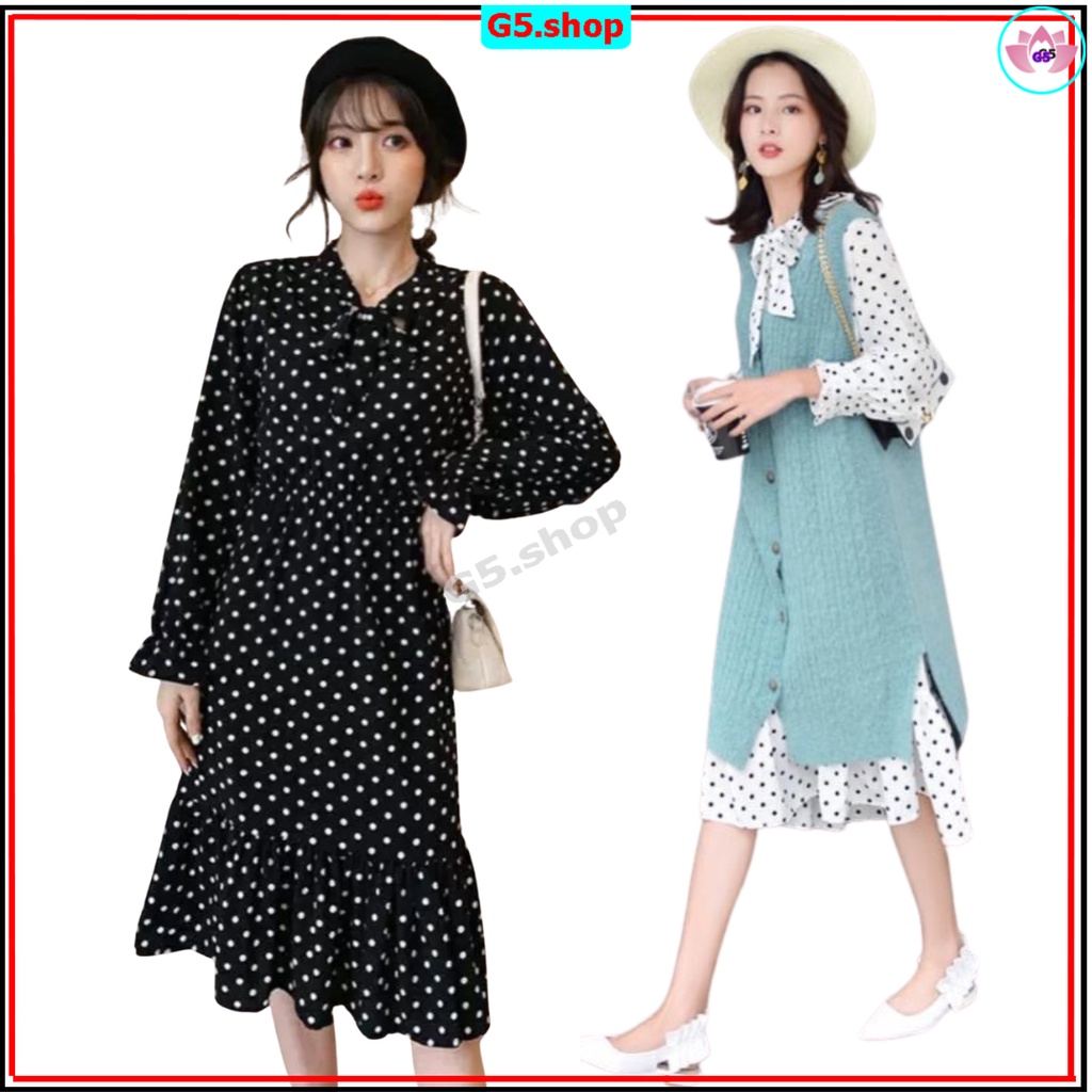 Đầm Midi Dài Tay Họa Tiết Chấm Bi Xinh Xắn Dành Cho Nữ phối đui cá sl