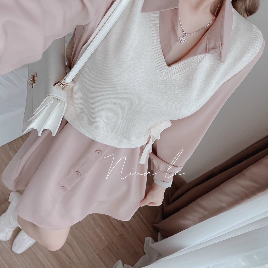 [11.11 Sale Freeship] Set đầm thời trang nữ,set đầm cài khuy dài tay dáng xòe kèm áo ngoài buộc nơ hai bên eo xinh xắn