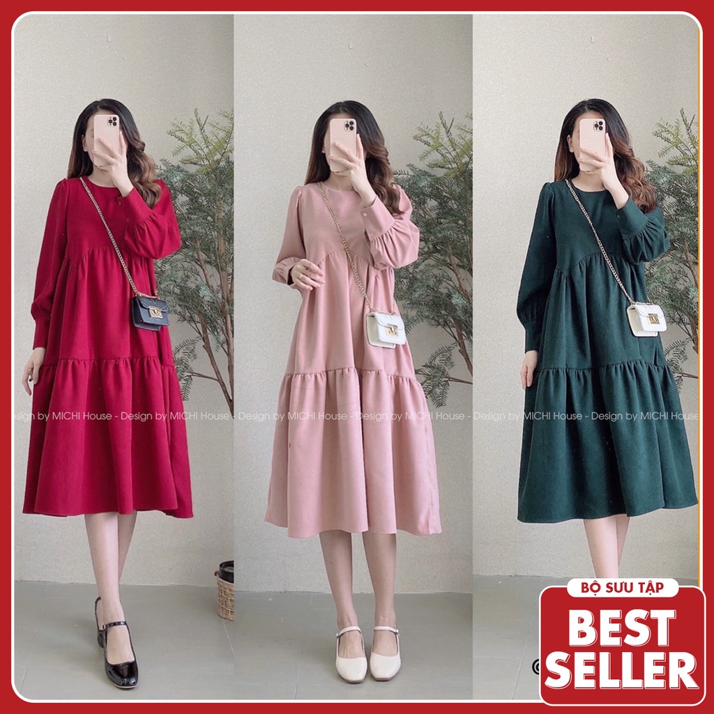 Đầm Suông Dài Thiết Kế Dáng Xuông Rộng MICHI House Váy Xuông Nhung Cổ Tròn Dài Tay Có Bigsize Thu Đông Mặc Bầu Xinh V326