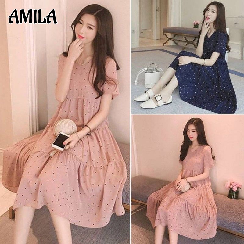 Đầm AMILA dài qua gối dáng rộng thời trang mùa hè phong cách mới dành cho mẹ bầu